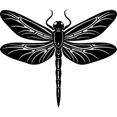 Detailed Dragonfly Silhouette with Intricate Wings - Black and White Vector Art