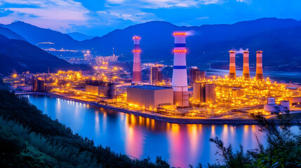 Naklejka premium Night Industrial Plant Landscape, Illuminated Power Station