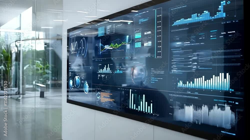 Poster interactive data dashboard showcasing analytics and metrics in a modern office environment