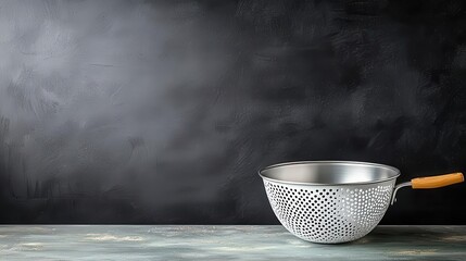 A chalkboard illustration of a colander, intricate patterns of small holes and sturdy handles, artistic and functional design