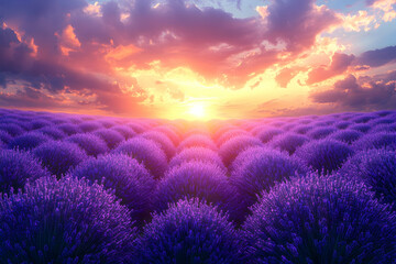 Sunset over Lavender Field, Provence, France, Peaceful Landscape, Calming Image.