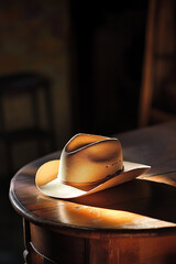 Close up of cowboy hat on wooden table sunny light on it generated.AI