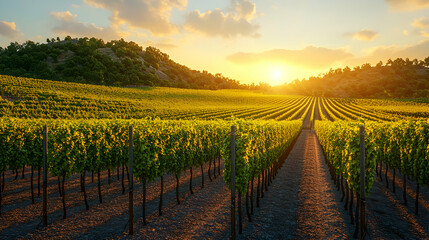 Naklejka premium Sunset Vineyard Rows, Hilly Landscape, Winegrowing, Agriculture, Golden Hour.