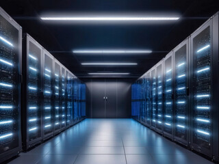 Modern Data Center Server Room with Glowing Servers.