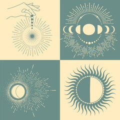 Astrological, esoteric symbols. Sun, stars, planets, moon, crescent