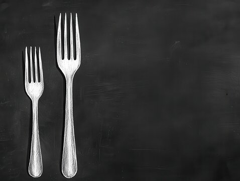 A detailed chalk drawing of a fork, bold lines emphasizing the prongs and handle, minimalist and rustic blackboard style