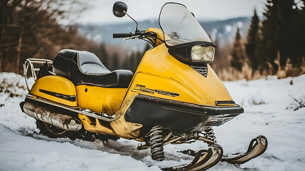 Vintage Yellow Snowmobile in Snowy Landscape