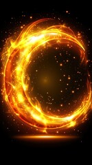 Fiery crescent-shaped light trails on black background.