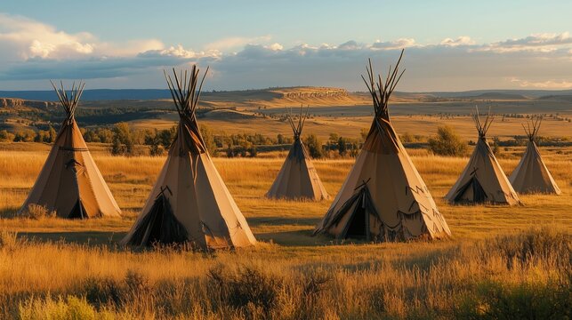 Traditional lakota teepees on the north american plains: a breathtaking sunset landscape