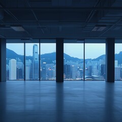 Spacious modern hong kong office interior with panoramic skyline view: empty floor plan and floor-to-ceiling windows