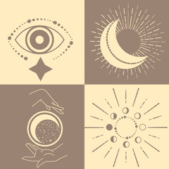 Astrological, esoteric symbols. Sun, stars, planets, moon, crescent
