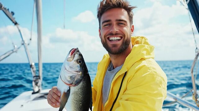 A happy angler holds a freshly caught fish while enjoying a day out on the water under clear skies and warm sunlight