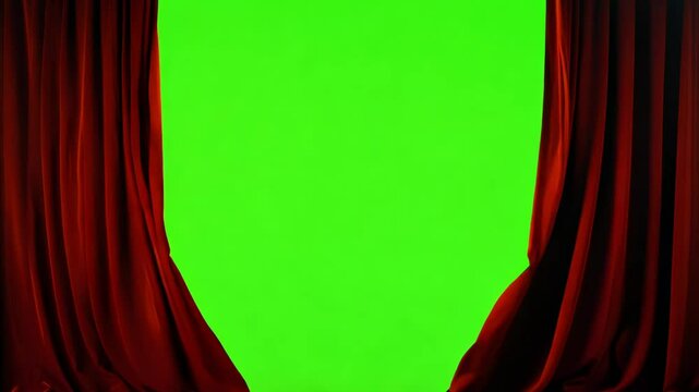 Luxurious red velvet silk curtains slowly opening to reveal a bright chroma key green screen. digitally, draw, elegance, premiere, transition, entertainment, event, falling, festive, film, gathering