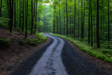 Obraz premium Winding Forest Road, Lush Green Trees, Rainy Day, Nature Escape, Travel Poster.