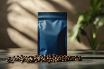 Premium dark blue coffee paper bag packaging mockup with spilled coffee beans and realistic shadows