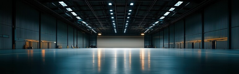 Vast, dark, and empty aircraft hangar: interior view of a desolate aviation facility at night