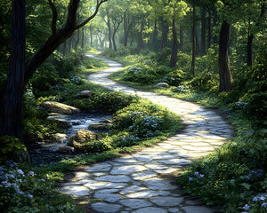 Obraz premium Winding Stone Path Forest Trail, Sunlit Creek, Lush Greenery, Nature Background, Game Design.
