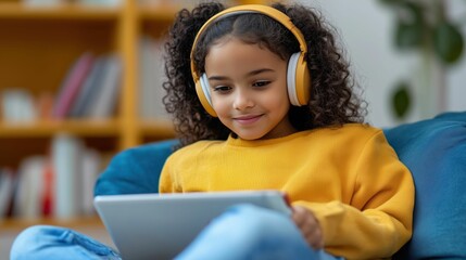 Classroom setting, girl enjoying learning on an ipad with big headphones