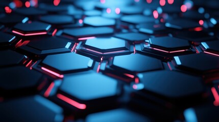 Obraz premium A dark futuristic hexagon grid illuminated by intense, cinematic lighting with bokeh background