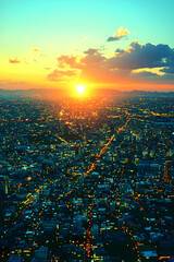 Aerial sunset view of city skyline at dusk, urban sprawl and glowing lights, cityscape background for travel brochure.