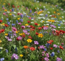 Obraz premium Vibrant colors of blooming wildflowers in a meadow, vibrant colors, wildflowers, landscape, flowers, nature
