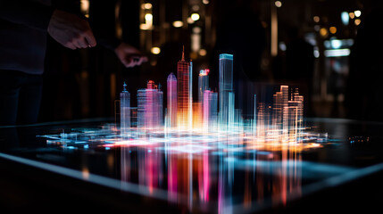 Fototapeta premium Bright lights illuminate a futuristic cityscape displayed on a touch-sensitive surface inside a modern building