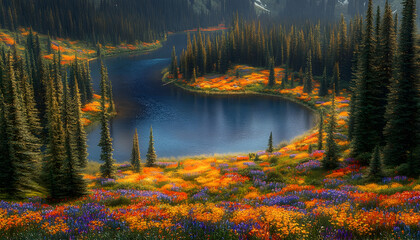 Alpine lake autumn wildflowers scenic landscape nature photography postcard.