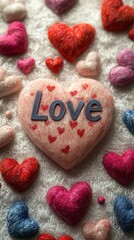 Colorful heart decorations surround a central heart with the word love, creating a warm and inviting atmosphere of affection and joy