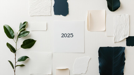 2025 Vision Board concept. Minimalist vision board for 2025 with textured paper and greenery