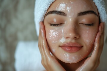 Young woman with closed eyes and towel on head enjoying moisturizing mask application on her face by beautician for deep hydration and skin rejuvenation