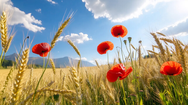 Fields of red poppies blooming amidst golden wheat under a bright blue sky in the countryside