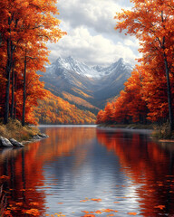 Obraz premium Autumnal lake reflecting snowy mountains, vibrant foliage, serene nature scene, ideal for calendars.