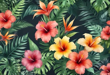 Watercolor artwork featuring exquisite tropical flowers and leaves, exotic, colorful, artwork, vibrant