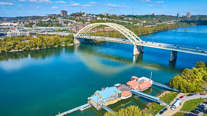 Aerial of Daniel Carter Beard Bridge and Cincinnati Skyline