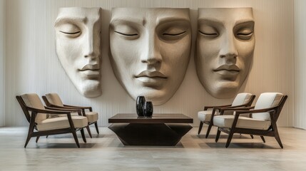 Three serene sculptural faces adorn a modern minimalist waiting area with sleek armchairs and a low coffee table.