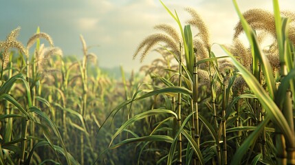 Lush green grain field with golden ear formations under a cloudy sky, evoking a peaceful rural atmosphere.