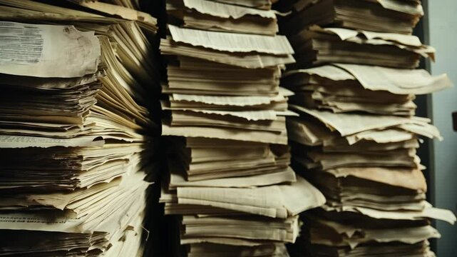 Piles of vintage newspapers stacked closely in a dusty room showing time-worn pages and fading print