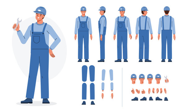 Handyman, repair worker, plumber in uniform. Character constructor for animation. Front, side and back view set. Body parts, postures, poses collection. Vector illustration.