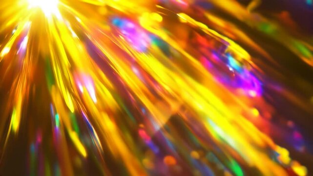 Radiant burst of colorful light refractions with golden hues, parallax and vibrant rainbow streaks creating a dynamic and dreamy abstract background. Prism light leaks with optical holographic effect