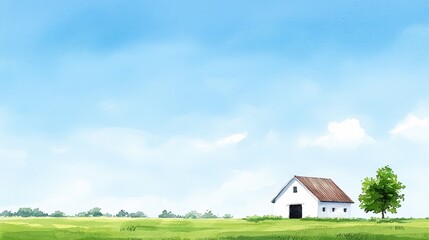 Charming Rural Landscape Featuring a Quaint House Nestled in a Lush Green Field Surrounded by Vibrant Flora and a Clear Blue Sky Evoking Peaceful Serenity