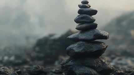 Balanced Stones Amidst Post-Wildfire Haze. AI Generated