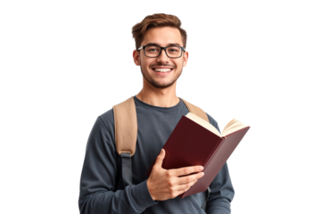 Young handsome college student holding a book and wearing a glasses, isolated on white background
