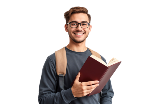 Young handsome college student holding a book and wearing a glasses, isolated on white background