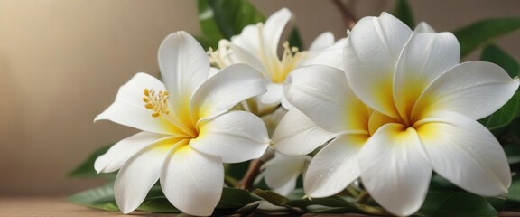 White plumeria flower with delicate petals and leaves, fragrance, natural, relaxation, decoration, garden