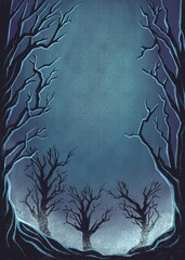 Night forest in fog background illustration with pastel