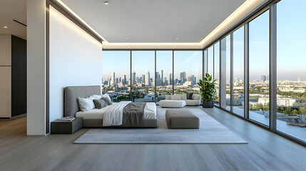 Modern City View Bedroom 3D Illustration