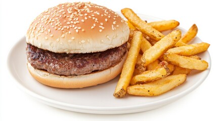 Classic Burger with Crispy Fries on a White Plate