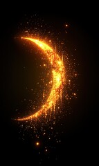 Glowing crescent moon with sparkles on black background.