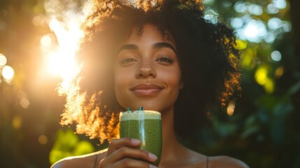 A person drinking a green smoothie outdoors, with natural light accentuating their radiant skin