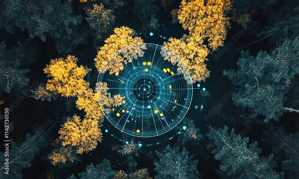 Wall mural forest canopy data visualization: aerial view of a network system embedded in nature